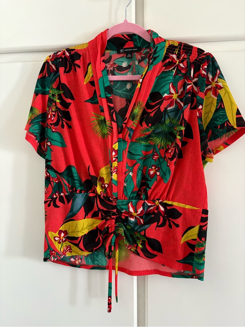INC International Concepts Red Tropical Tie-Front Blouse